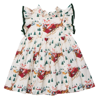 A festive girls' dress with a Santa sleigh print, ruffled collar, and cap sleeves, made of 100% cotton.