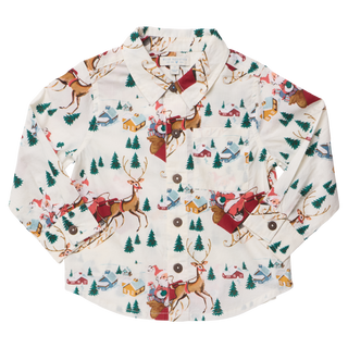 Boys' shirt with Santa sleigh print in multicolor with button-down front.