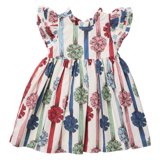 A girls' dress with double ruffle sleeves and a present bows pattern in multicolor stripes.