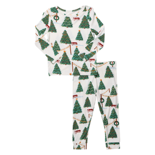 Kids' pajama set with Christmas tree farm print, featuring a long-sleeve top and pants in bamboo fabric.