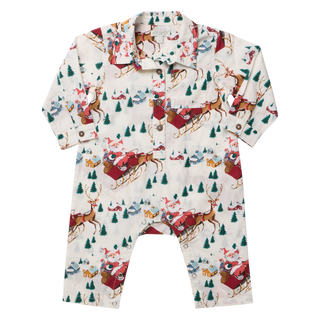 Baby boys jumper with a Santa sleigh print, long sleeves, and snap button closure.