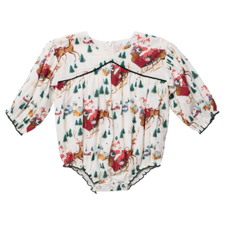 A baby girls' bubble with a Santa sleigh print, featuring long sleeves and a button back closure.