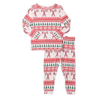 Children's pajama set with a festive Candy Cane Fair Isle pattern in red, white, and green.