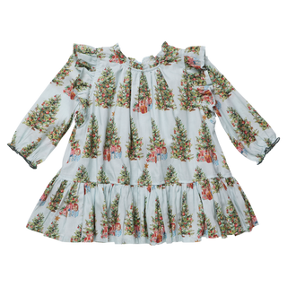 Girls dress with a tree and present print, featuring a ruffled neckline and long sleeves.