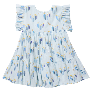 A light blue girl's dress with a Menorah Hearts pattern, featuring ruffled short sleeves and a round neckline.
