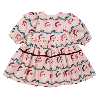 Girls dress with a Santa garland print, featuring short puff sleeves and back button closure.