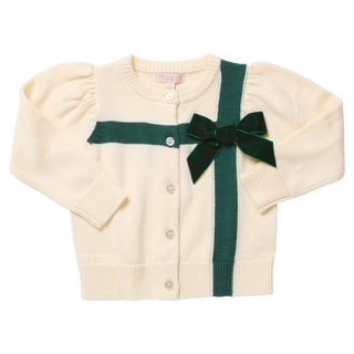 Cream-colored girls' sweater with green bow accent and button-down front.
