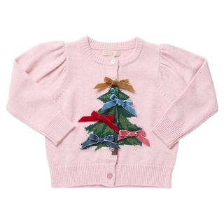 Soft pink girls' sweater with velvet bows and button front closure.