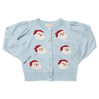 Light blue girls' sweater with a playful tossed Santa pattern and button-down front.