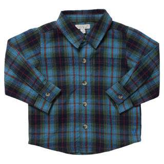 Boys' blue tartan shirt with long sleeves and button-up front.