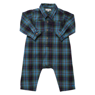 Baby boys' jumper in blue tartan with long sleeves and button front.