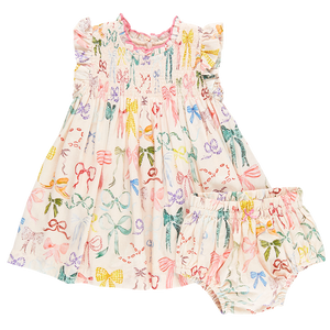 Pink Chicken Watercolor Bows Baby Stevie Dress Set