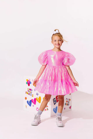 LOLA + THE BOYS CRYSTAL PINK HOLOGRAM DRESS