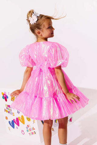 LOLA + THE BOYS CRYSTAL PINK HOLOGRAM DRESS
