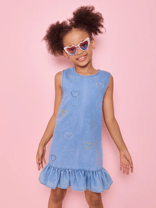 LOLA + THE BOYS CRYSTAL RAINBOW HEART DENIM DRESS