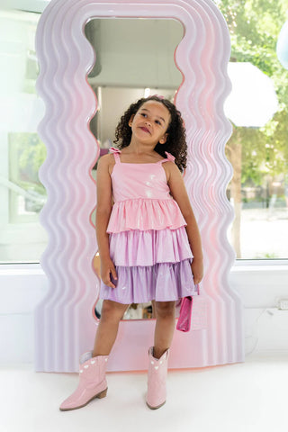 LOLA + THE BOYS PASTEL OMBRE SHIMMER BOW DRESS