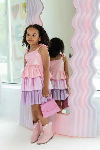 LOLA + THE BOYS PASTEL OMBRE SHIMMER BOW DRESS