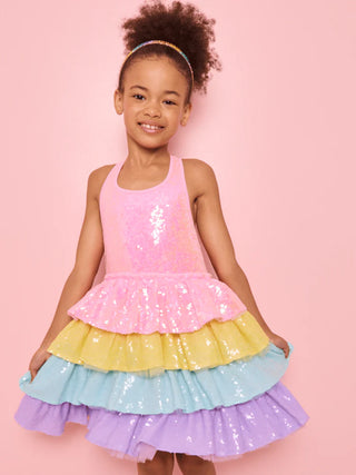 LOLA + THE BOYS RAINBOW SEQUIN TIERED DREAM DRESS