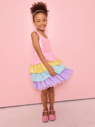 LOLA + THE BOYS RAINBOW SEQUIN TIERED DREAM DRESS