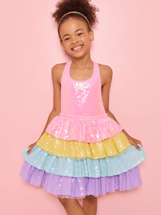 LOLA + THE BOYS RAINBOW SEQUIN TIERED DREAM DRESS