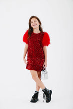 Load image into Gallery viewer, Lola &amp; The Boys Feather Party Dress- Ruby
