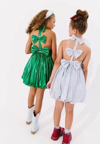 LOLA + THE BOYS METALLIC BOW BUBBLE DRESS