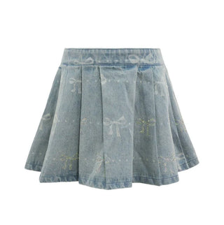 LOLA + THE BOYS SPARKLE BOWS DENIM PLEATED SKIRT
