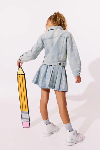 LOLA + THE BOYS SPARKLE BOWS DENIM PLEATED SKIRT