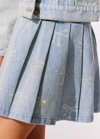 LOLA + THE BOYS SPARKLE BOWS DENIM PLEATED SKIRT