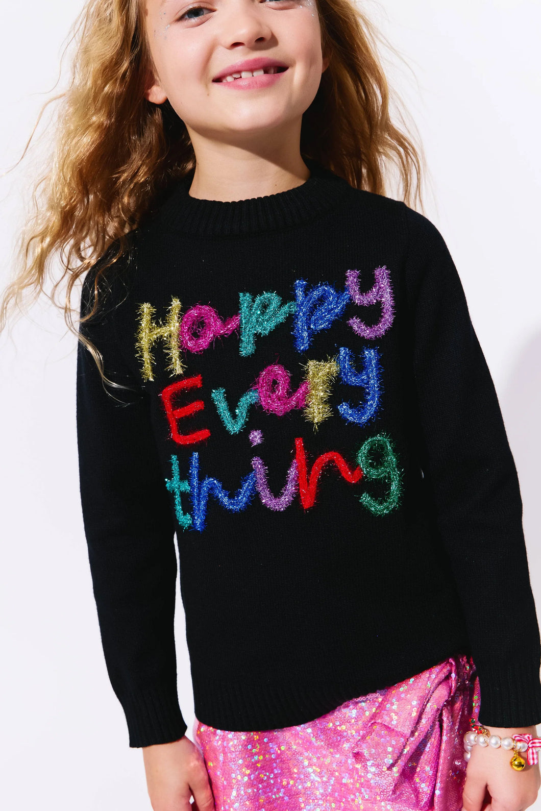 Lola + The Boys Happy Everything Tinsel Sweater- Black