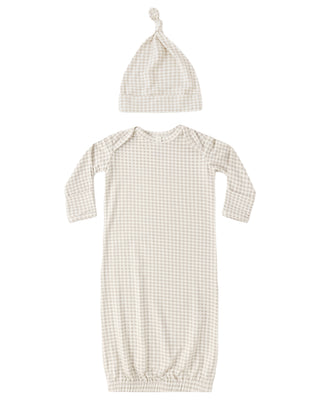 QUINCY MAE BAMBOO BABY GOWN + HAT SET OAT GINGHAM